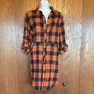 Button-Down Plaid Shirt Dress in Orange and Blue